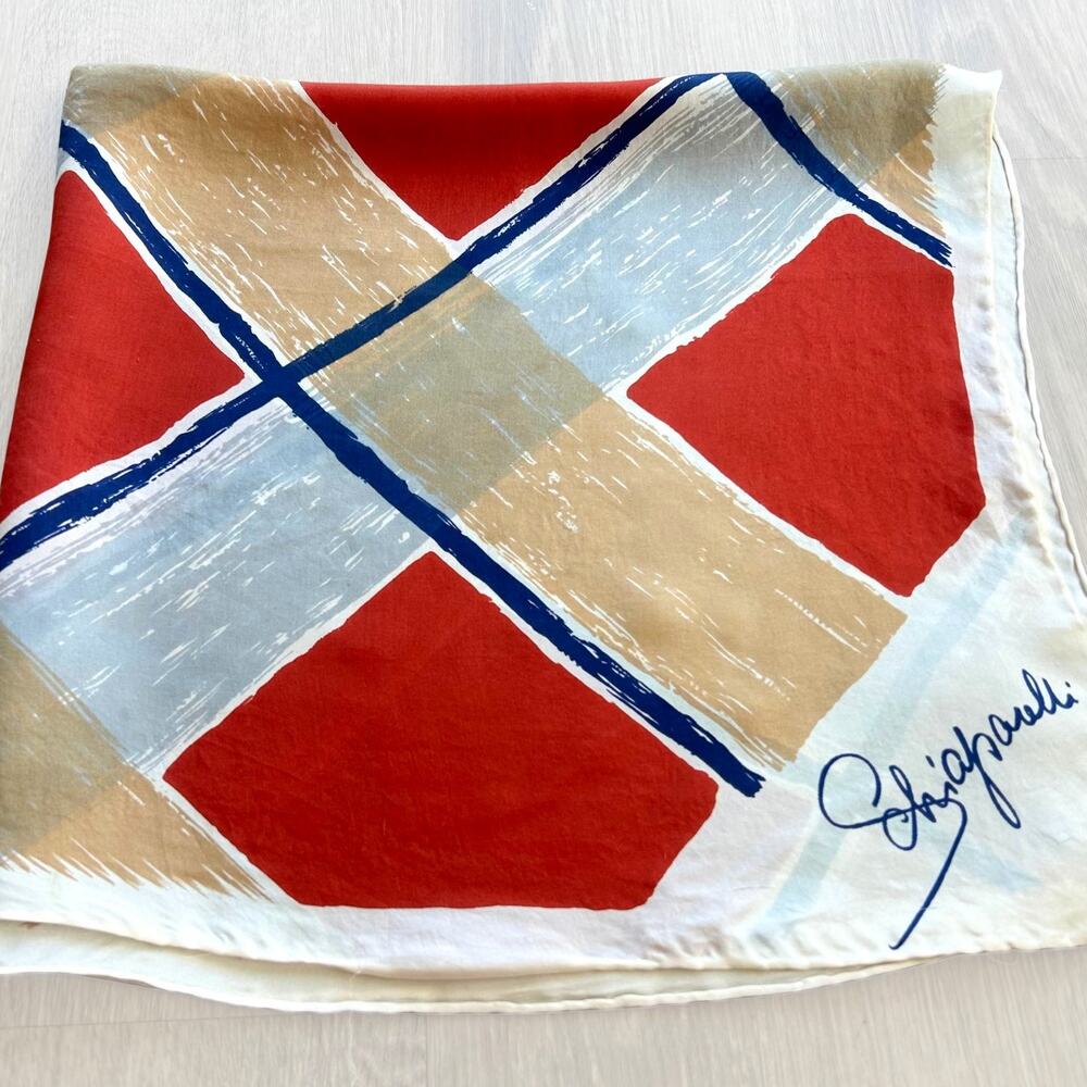 Vintage Schiaparelli Silk Scarf Geometric Red Gold Navy Signed Square‎ Mod 26x28